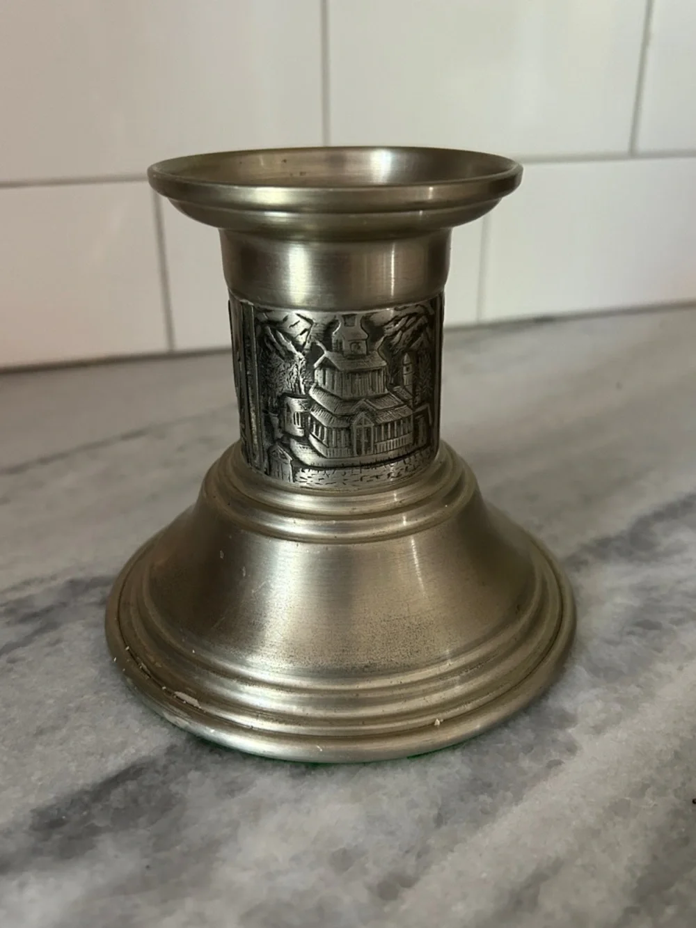Vintage Norwegian Etched Pewter Candlestick Mid Century Modern